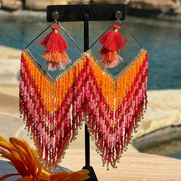 Handmade Beaded Long Tassel Fringe Dangle Drop Bohemian Post Diamond Earrings - Picture 5 of 9